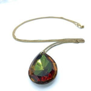 Vintage Topaz colored teardrop stone pendant silver toned backing necklace